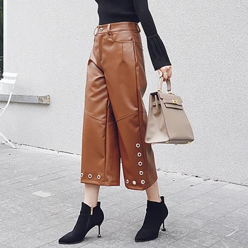 

2020 Casual pu leather pants women autumn winter high waist loose wide leg Calf-Length pants plus size trousers pantalon femme