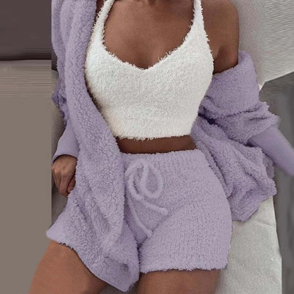 

2020 Women Tracksuit Plush 3 Pieces Set Sweatpants Sweatshirts Sweatsuits Jacket Crop Top Shorts Suit Sports Suits Jogging Femme