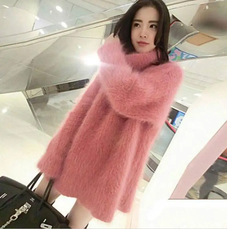 Pink Негабаритный Свободный пуловер из искусственной норки и бархата с высоким воротом, пушистый свитер, длинные трикотажные рубашки с длинными рукавами, платье с кроликом, плюшевые Топы - Цвет: Pink
