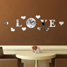 Acrílico Quarto Espelho Relógio de Parede Adesivo Removível Decalques Sala Forma do Amor Presente Alimentado Por Bateria 3D Home Decor Art(China)