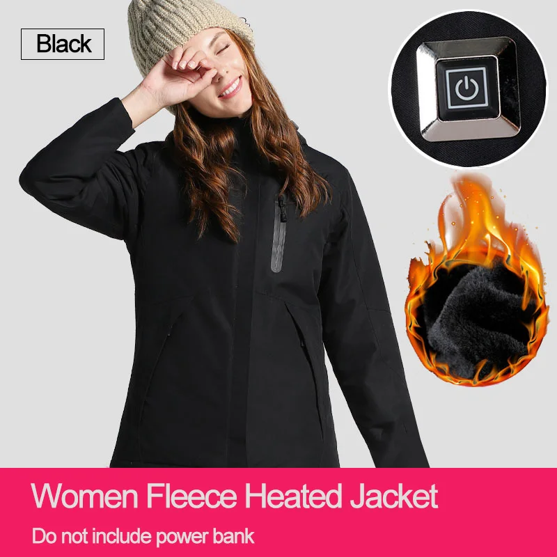 Водонепроницаемая куртка с подогревом для мужчин и женщин, зимняя куртка для рыбалки и пеших прогулок, ветрозащитная теплая куртка для катания на лыжах, Флисовая теплая куртка - Цвет: Woman Black