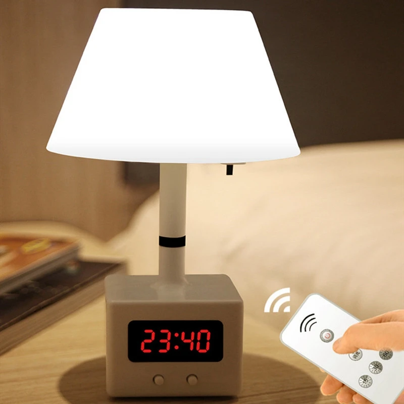  LED Remote Control Desk Lamp USB Charging with Clock Warm White Light Table Lamp Dimmable Bedroom B
