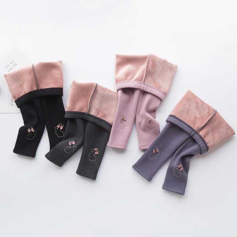 90-130 New Baby Girls Casual Trousers Winter Children Thicken Outwear Pants Cotton Warm Pants Flower Kids Fleece Trousers