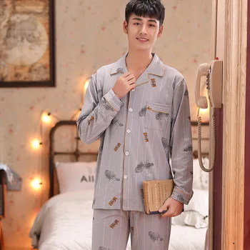 

Men Striped 2PCS Pajamas Set Gray Faux Silk Home Wear Spring Autumn New Long Sleeve Shirt&Pant Sleepwear Feather Print Nightwear