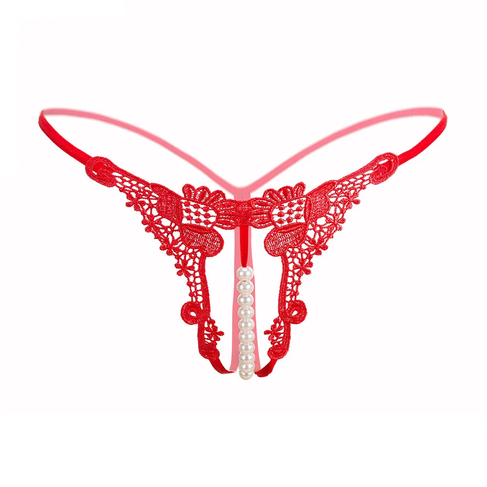 1PC Women Panties Sexy Ladies Underwear Briefs Pearl Massage G-string Lace Embroidered Open Crotch Thong Crotchless Exotic - Цвет: red