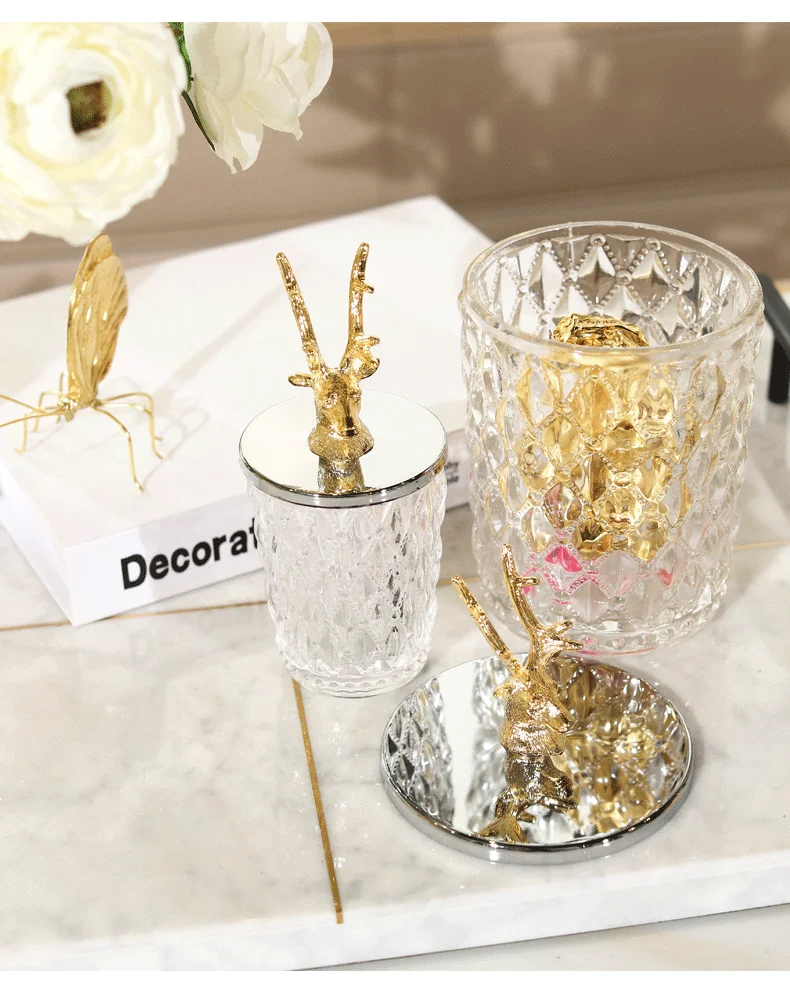 Creative metal glass Storage tank candy jar Desktop storage organization deer cover Modern home Decorative ornaments container