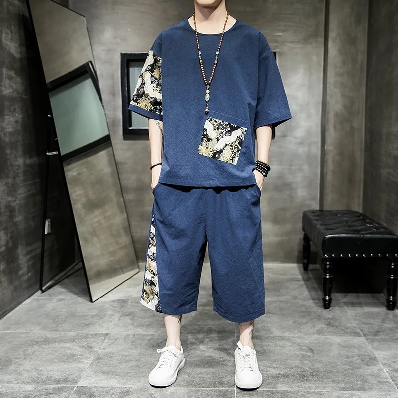 

Chinese-style Flax Set 2019 Summer Pocket Crane Printing Short-sleeved T-shirt Collocation Capri Pants Loose And Plus-sized