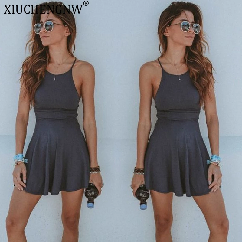 

Lady Summer Pleated Dress Loose Dress Mini Solid-Color Beach Women Streetwear Autumn O-Neck Summer Sleeveless Cheap Dress 2019