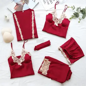 

5pcs Robe Suit Women Suspender Sexy Home Dressing Gown Long Sleeve Kimono Gown Satin Casual Sleepwear Red Wedding Party Gift