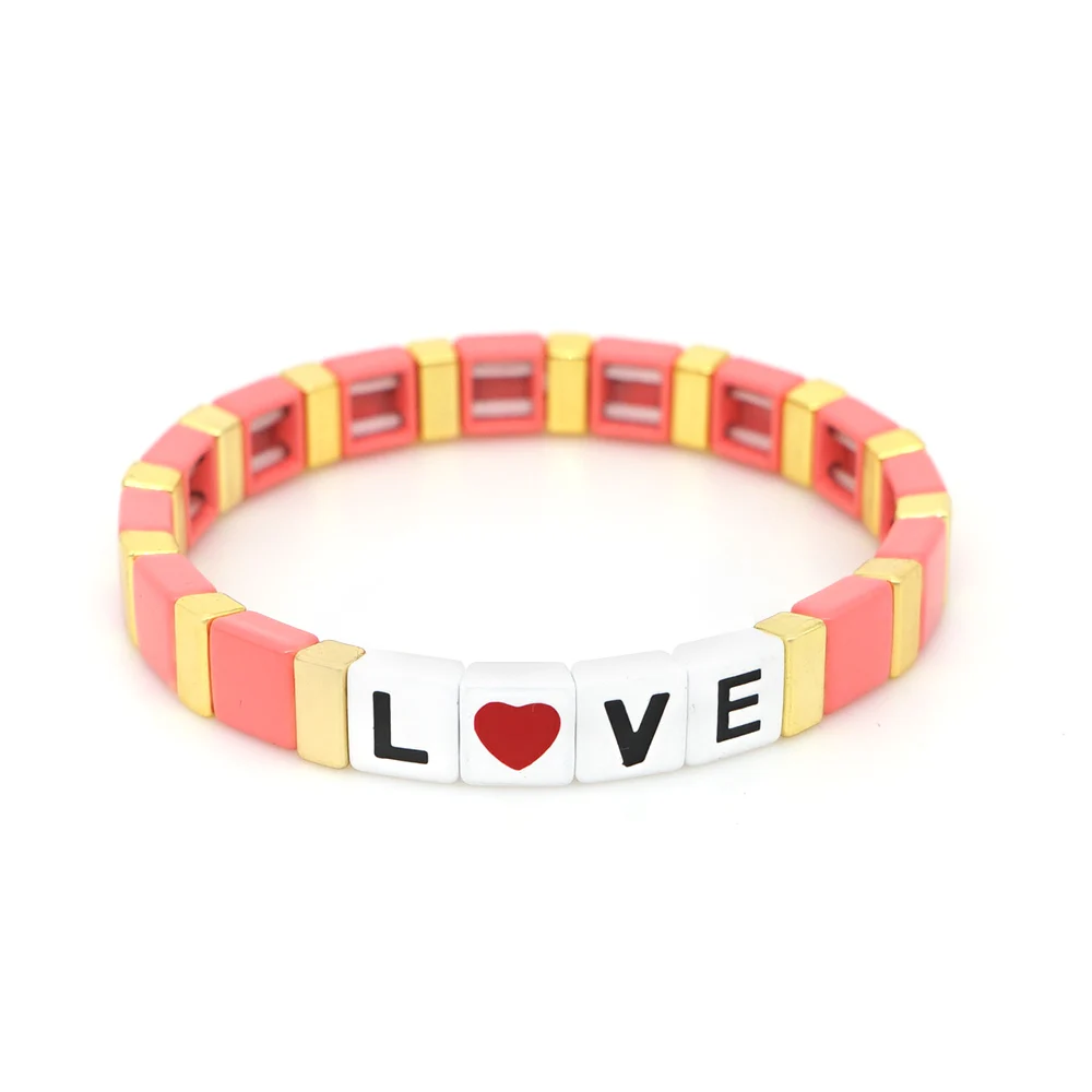Shinus Pulseras Mujer Moda, сердце, любовь, браслеты с буквами, эмаль, плитка, браслет для женщин, розовый, бохо, ювелирное изделие, ручной работы, сплав - Окраска металла: 35