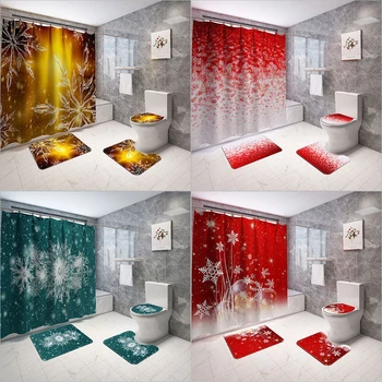 

4PC/Set Christmas Series Carpet Merry Christmas Bathroom Toilet Rug Shower Curtain Bath Mat Square Carpet U Carpet Not Fade
