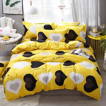 

Yellow Heart Pattern Aloe Cotton Duvet Cover & Flat Bed Sheet & Pillowcase Soft Skin-friendly Bedding Set Home Textile Wholesale