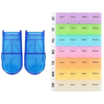

Pill Organizer Box Pills Can - 7 Days 28 Compartments with 2 Pcs Mini Storage Box 9 x 4 x 2.7cm(Dark Blue)