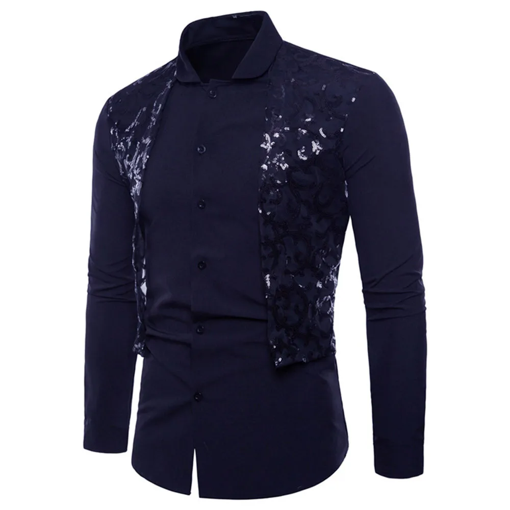 Men shirt long sleeve Lace stitching party mens shirts casual slim fit d91030 - Цвет: Тёмно-синий