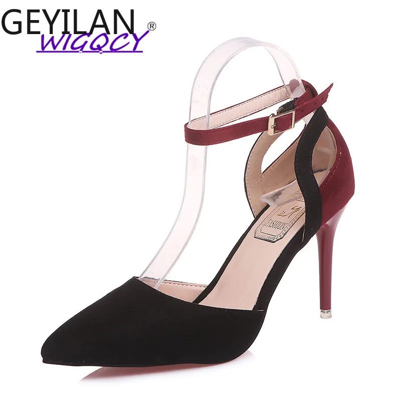

Pointed suede high heel sandals female 2019 spring and summer new sexy nightclub stiletto buckle with color matching shoes