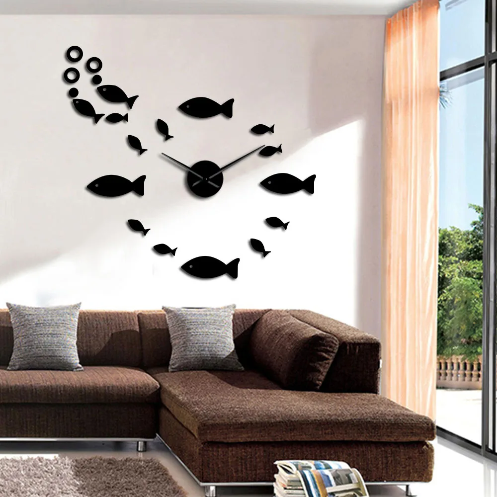 Fish With Bubble DIY Giant Wall Clock Mirror Effect Wall Art Home Decor Aquarium Decoration Frameless Big Needle Clock Watch 4