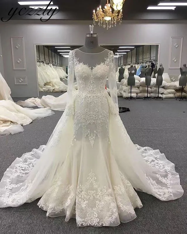 Robe De Mariee сексуальные кружевные свадебные платья русалки со съемной юбкой с длинными рукавами Аппликации кружевные со стразами платье невесты YW17