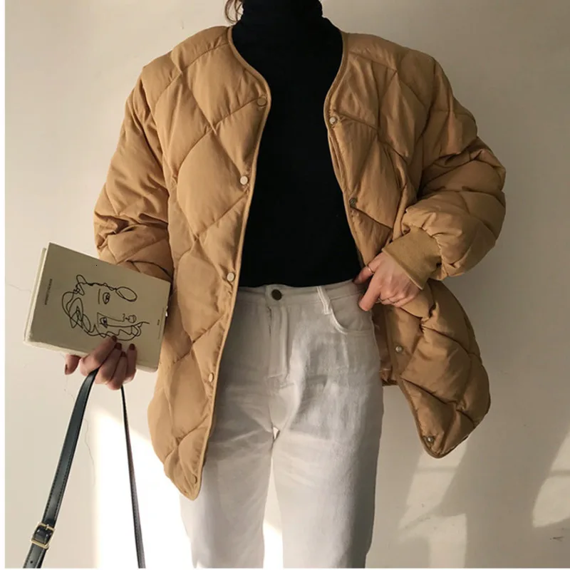 Winter Women Padded Jacket Diamond Lattice Thickening Solid Color Stand Collar Quilted Coat Short Loose Coat