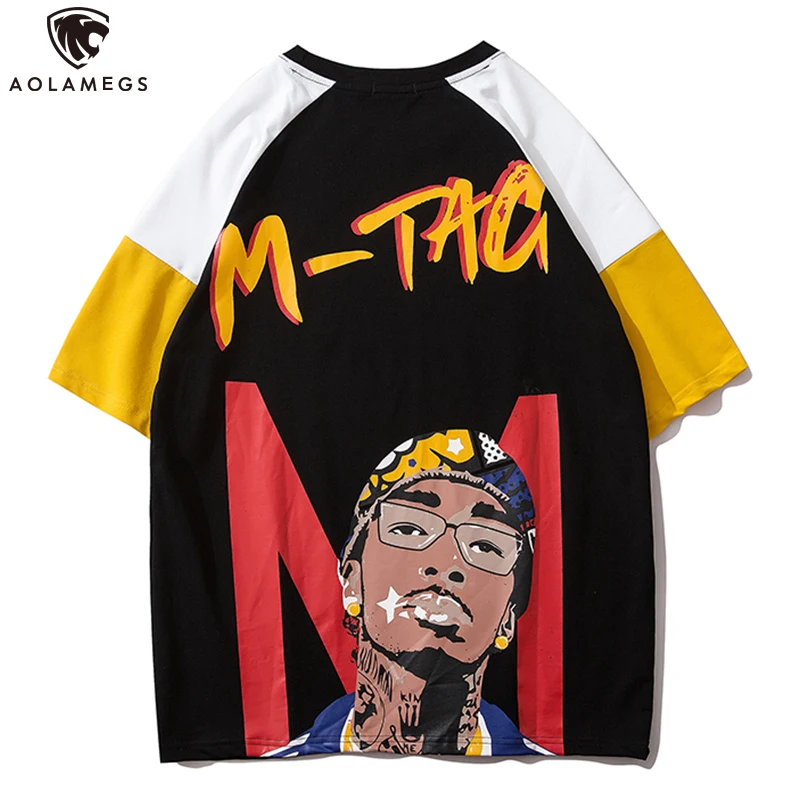

Aolamegs Men's T Shirt Patchwork Sleeve Casual Style Cozy Hip Hop Boy Print O-Neck High Street Style All-match Streetwear Summer
