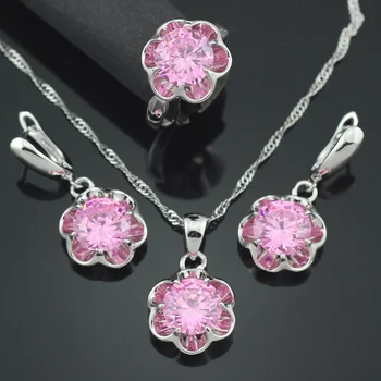 

Pink Stone Women Necklace Pendant Hoop Earring Ring Size 6 7 8 9 Bridal T011P