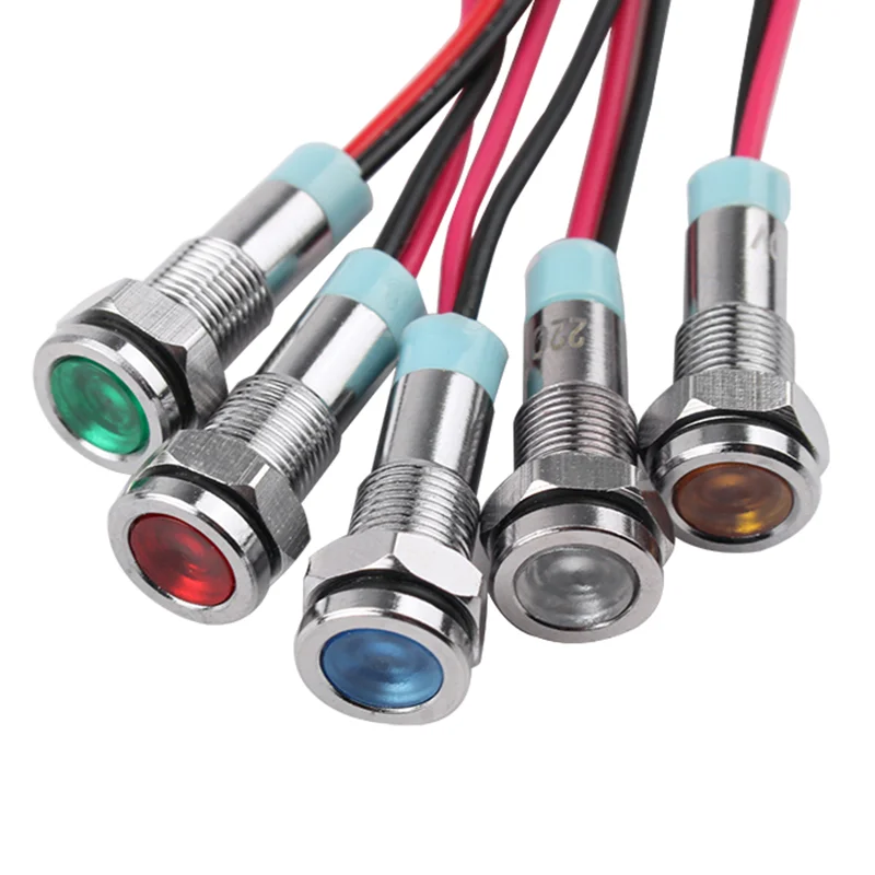 

1pcs 6mm Flat head LED Metal Indicator light 6mm waterproof Signal lamp 6V 12V 24V 220v with wire red yellow blue green white