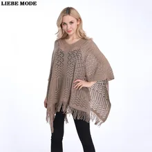 

Woman Hollow Out V-neck Sleeveless Sweaters Irregular Loose Knitted Crop Top Beige Black Khaki Blue Cloak Cape Poncho Tassel