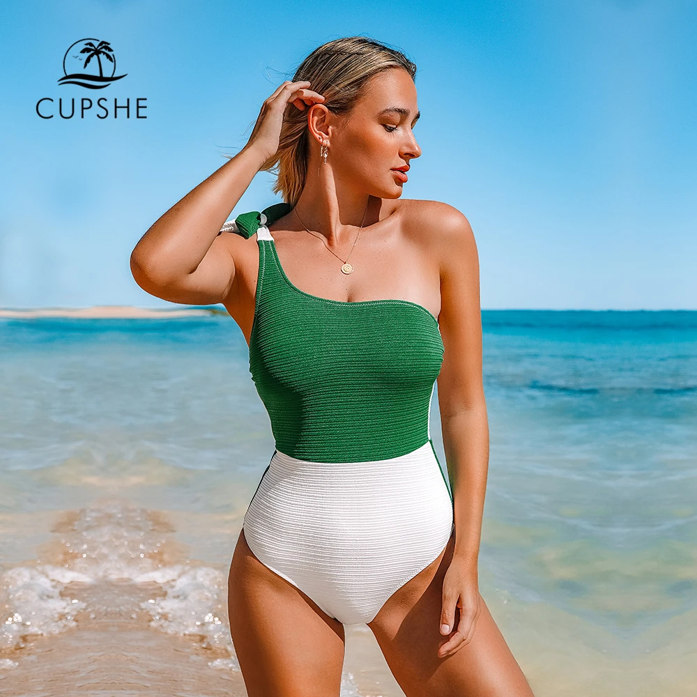 One-Piece Swimsuit Bathing-Suits CUPSHE Colorblock White Green One-Shoulder Beach And