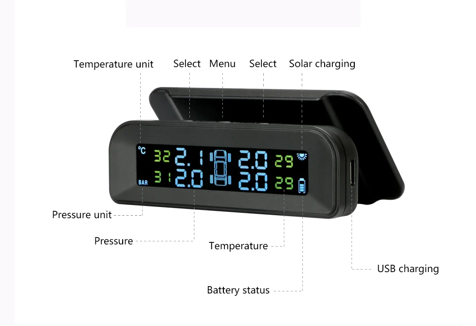Develuck TPMS Car Tire Pressure Monitor System  Automatic Brightness Control  Solar Power  Adjustable LCD screen Wireless 4 tire