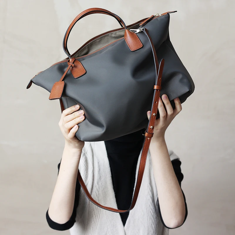 Zipper Tote Bags For Women Nylon With Real Leather Handbag High Quality Single Shoulder Bag 2