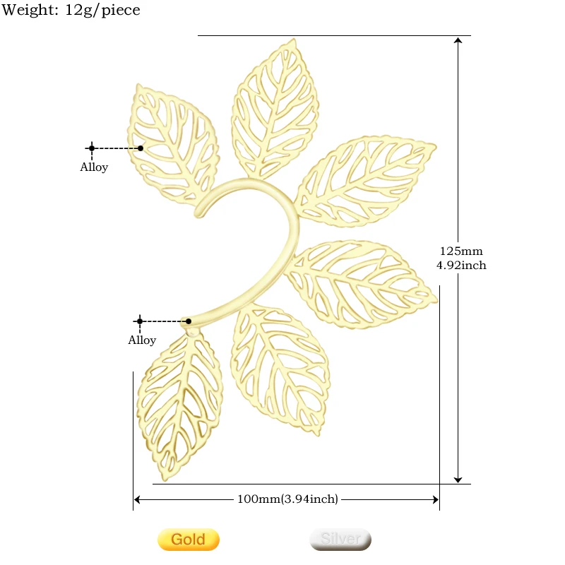 Hyperbole Ear clip without ear hole Earrings for Women Accessories Fashion 1pcs Golden Silver color Hollow Leaf Ear-hook Earring 2