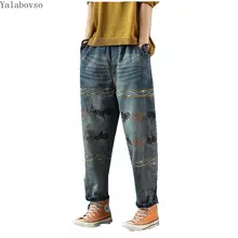 Осенние и зимние новые вышитые вымытые свободные прямые джинсы брюки с эластичной талией винтажные женские повседневные брюки отбеленные джинсы SZ3