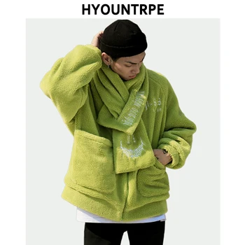 

Embroidery Polar Fleece Jakcet and Coats Mens Winter Parkas with Scarf Outerwear Warm Zipper Coat Hip Hop Streetwear Men Jacket