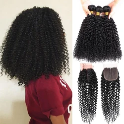 Kinky Curly Human Hair Bundles With Closure On Sale Jerry Curl 2/ 3 / 4 Bundles Malaysian Wet And Wavy Curly Weave With Closure