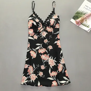 

пижама Ladies satin flower printed silk sling bow lace trim comfortable skin-friendly fashion sexy nightdress night dress F04
