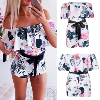 

Women Boho Playsuits Casual Floral Print Ruffles Playsuit Off Shoulder Sleeveless Romper Ribbon Bow Slash Neck Skinny Jumpsuit