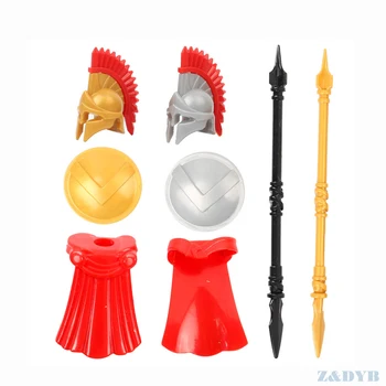 

DIY Middle Ages Helmet Cloak Shield Spear Rome Crusader Golden Knight Spartan Warrior Castle Rider MOC Building Block Brick Toys