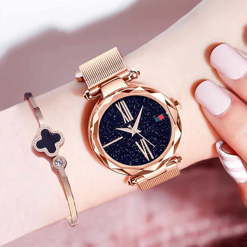 

Luxus Rose Gold Frauen Uhren Minimalismus Starry sky Magnet Schnalle Mode La Weiblichen Armbanduhr Wasserdicht Romischen Ziffer