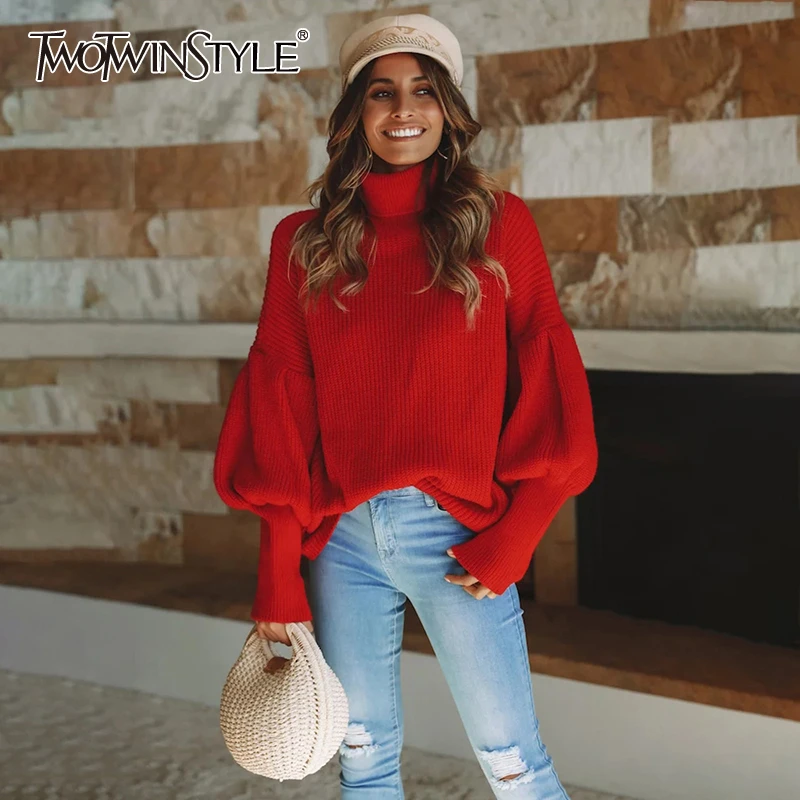 TWOTWINSTYLE Solid Turtleneck Women Sweaters Lantern Sleeve Pullovers Knitting Oversized Sweater Female 2020 Fashion Autumn | Женская