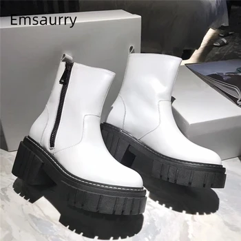 

High Flat Platform Heel Martin Boots Women Genuine Leather Round Toe Side Zipper Autumn Winter Runway Botas Mujer
