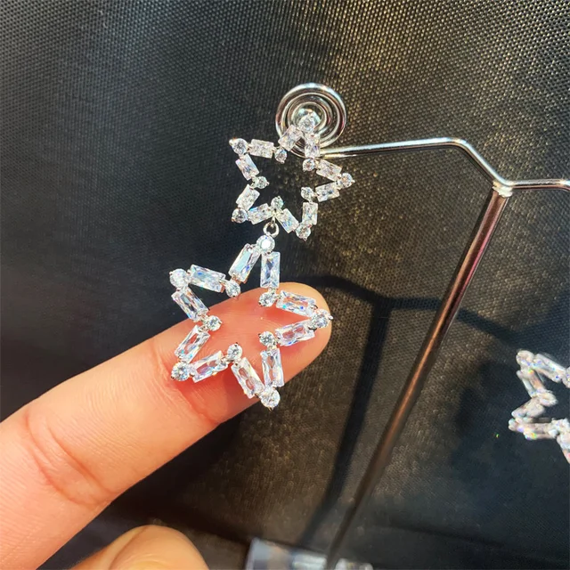 Huitan Double Star Dangle Earrings with Crystal Geometric Cz Stone for Women Stylish Girls Dance Party Earrings Trendy Jewelry 3