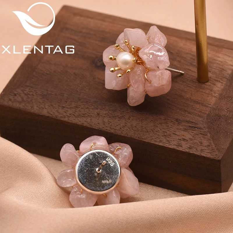 XlentAg серьги гвоздики с натуральным розовым кристаллом и жемчугом для женщин