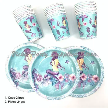 

48pcs/lot New Mermaid Theme Party Disposable Tableware Blue Mermaid Birthday Baby Shower Set Children Party Decoration Supplies