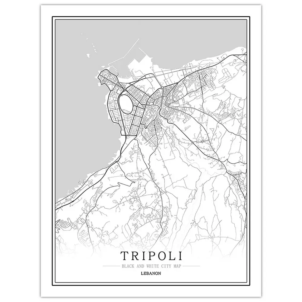 Lebanon черно-белая карта города плакат скандинавский гостиной Бейрута Триполи стены искусства домашний декор холст живопись креативный подарок - Цвет: Tripoli