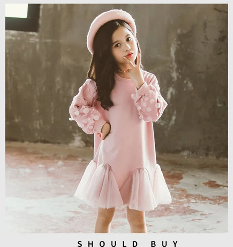 One Piece Party Dress Long Sleeve Girls Dress Appliques Sleeve Asymmetrical Ruched Princess Cotton Outfit Streetwear Dresses