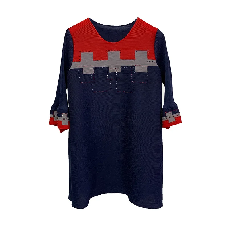 Navy Blue Miyake pleated color blocking dress spring new loose large size pleated dresses women free shipping - Color: Navy Blue
