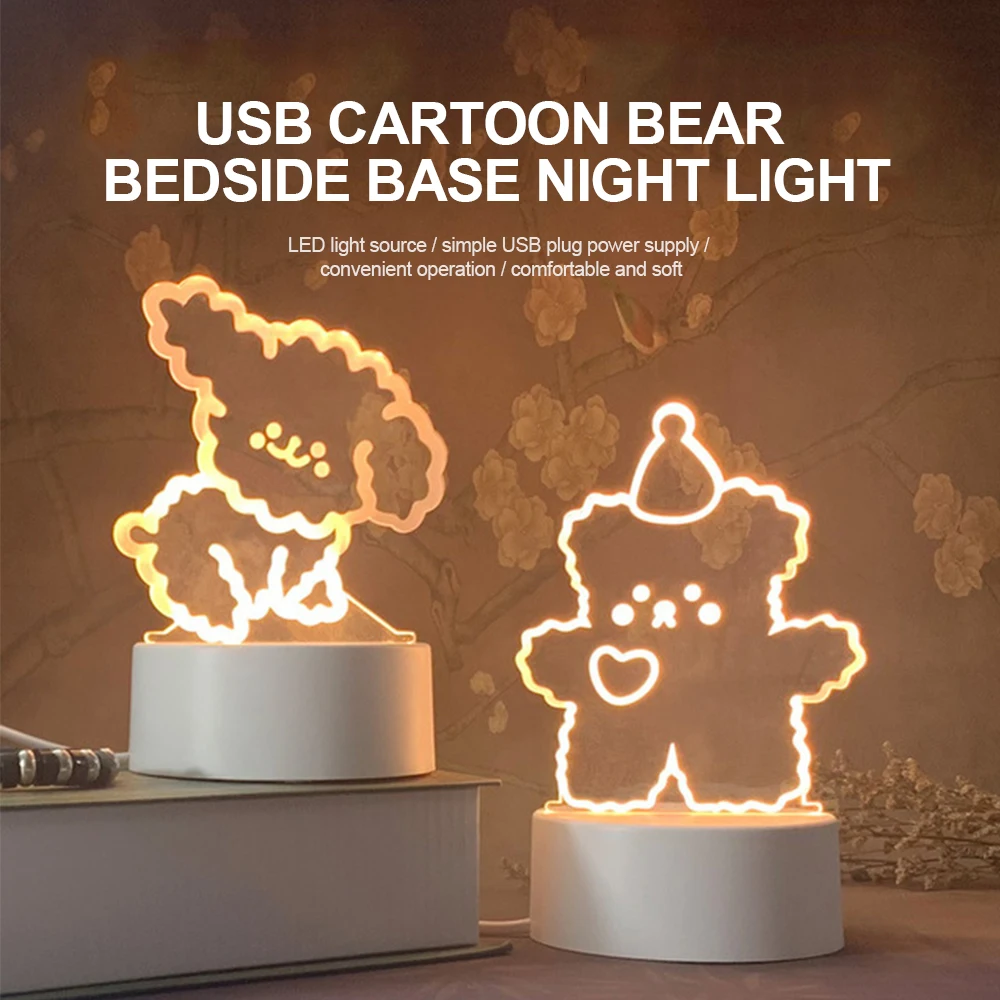 Luz noturna 3d de led com desenho animado, candeeiro de mesa fofo de urso com lâmpada usb de toque em acrílico luminoso para presente para crianças decoração de quarto de menina e férias