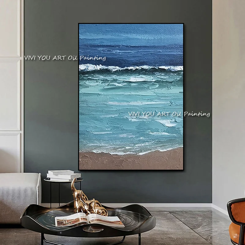 

Hand Painted Wall art Picture Abstract blue landscape ocean oil painting handmade for Living room bedroom home decor no framed