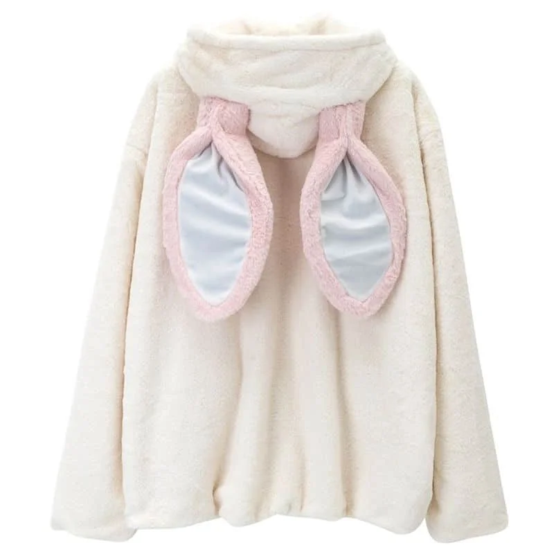 Autumn Winter Gothic Harajuku Couple Hoodies Cute Rabbit Ears Black Hooded Outwear Women Sweet Korean Loose Warm Plush Coats