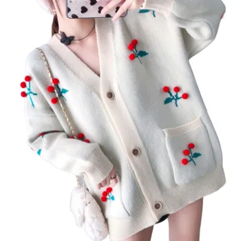

Autumn Cardigan Knitted Sweater Women Loose Cherry Knitting Loose Coat Befree Jumper Christmas Sweater New Arrival Sweet