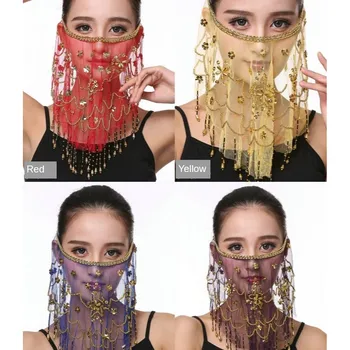 

Sheer Belly Dance Face Veil Bling Beads Sequins Tassel Dancing Costumes Dress Up